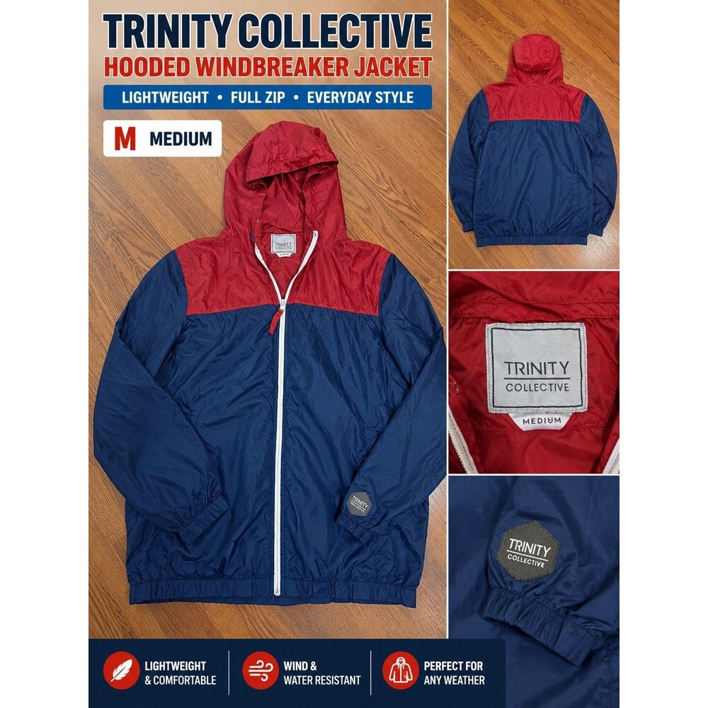 Trinity Collective Hooded Windbreaker Jacket Medium Blue Red Full Zip Lightweigh